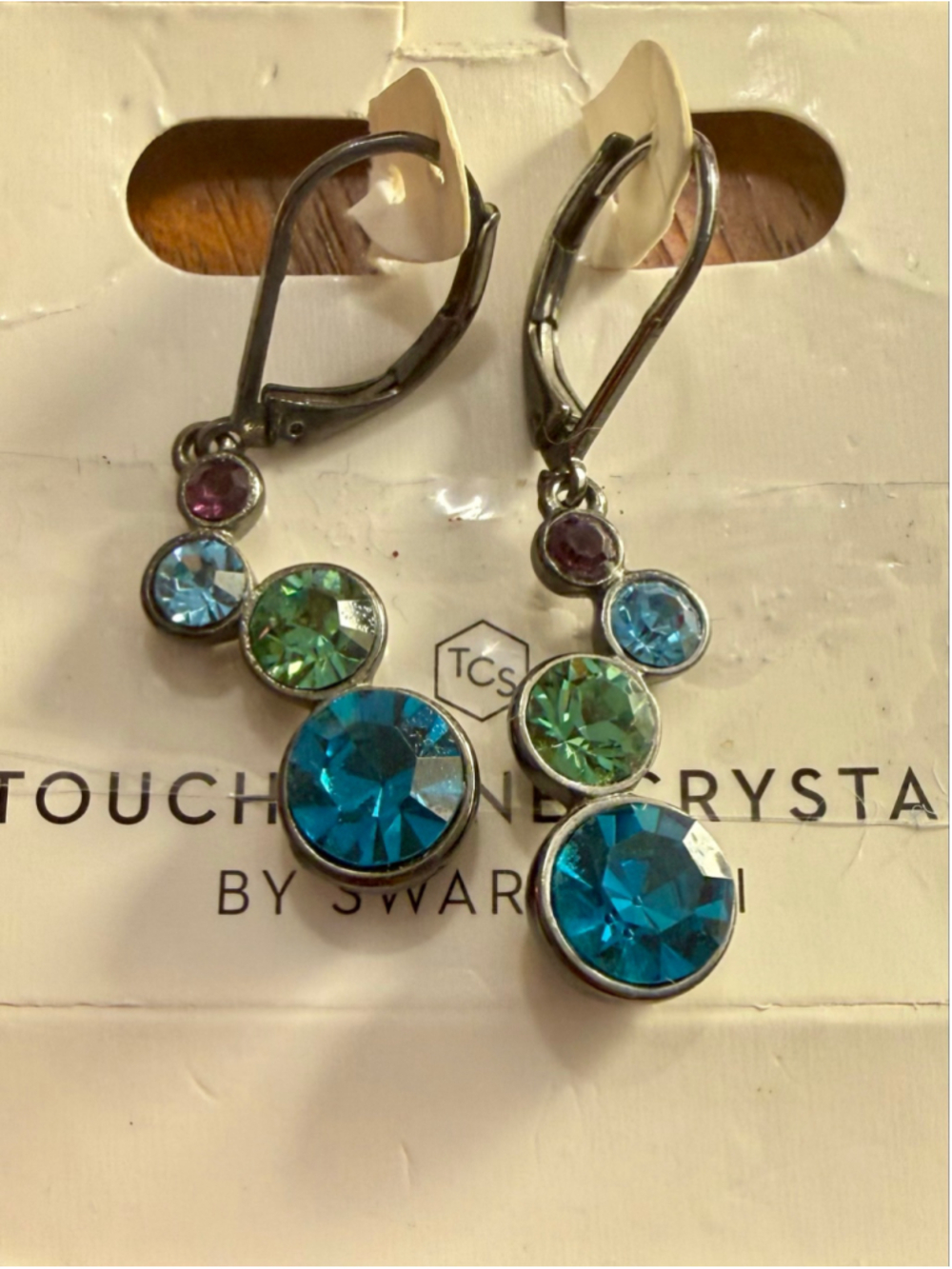 Touchstone Swarovski Crystal Earrings Blue Green New on card